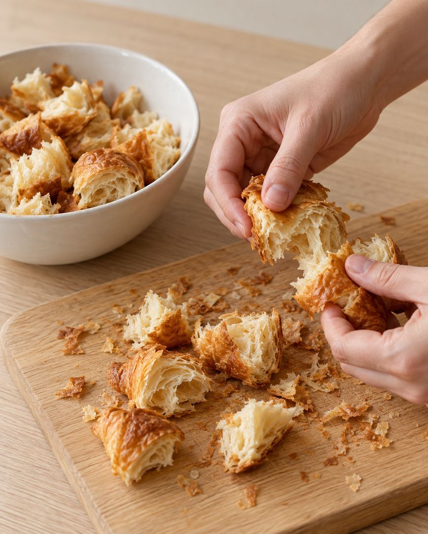 Hands breaking a flaky croissant over a wooden cutting board next to a bowl filled with torn croissant pieces.
