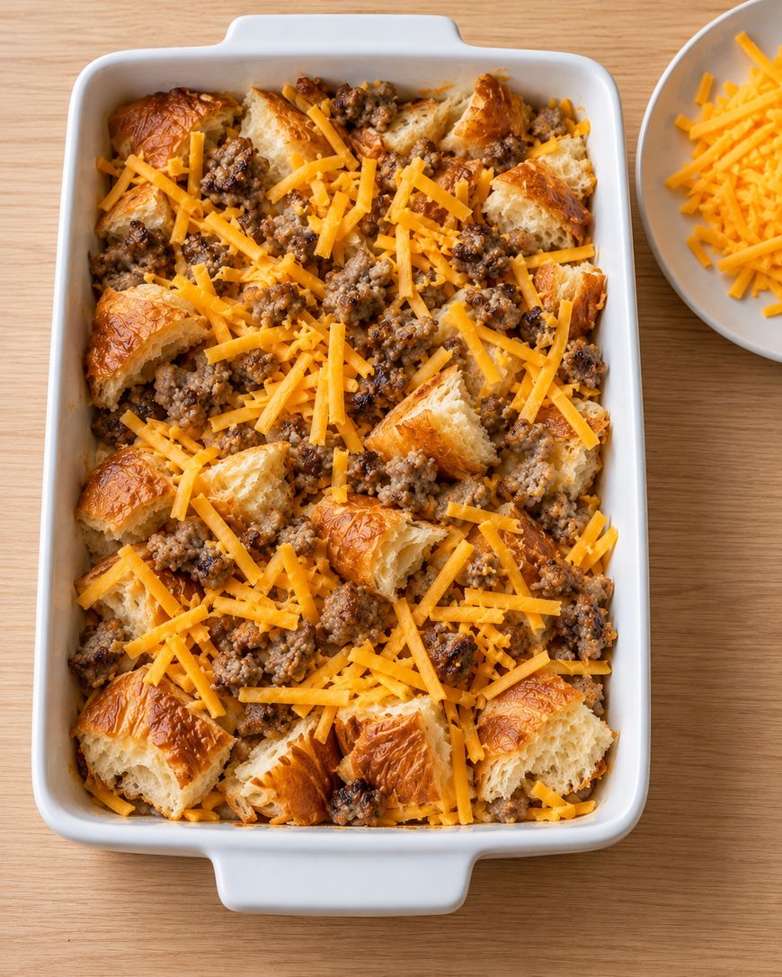 A rectangular baking dish filled with a breakfast casserole made of croissant pieces, crumbled sausage, and shredded cheddar cheese, with a small plate of extra cheese nearby.