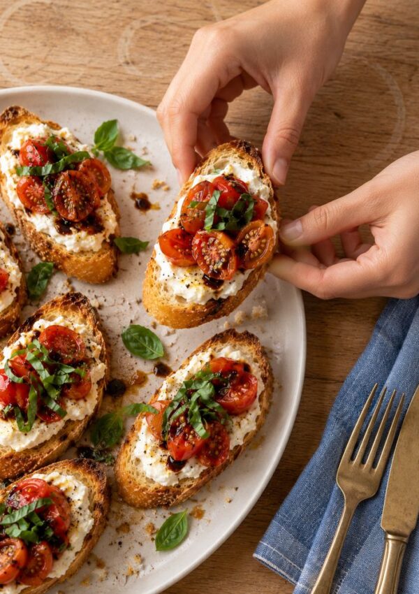 Hands picking up a toasted baguette slice topped with ricotta, halved cherry tomatoes, fresh basil, and balsamic glaze from a plate of similar bruschetta.