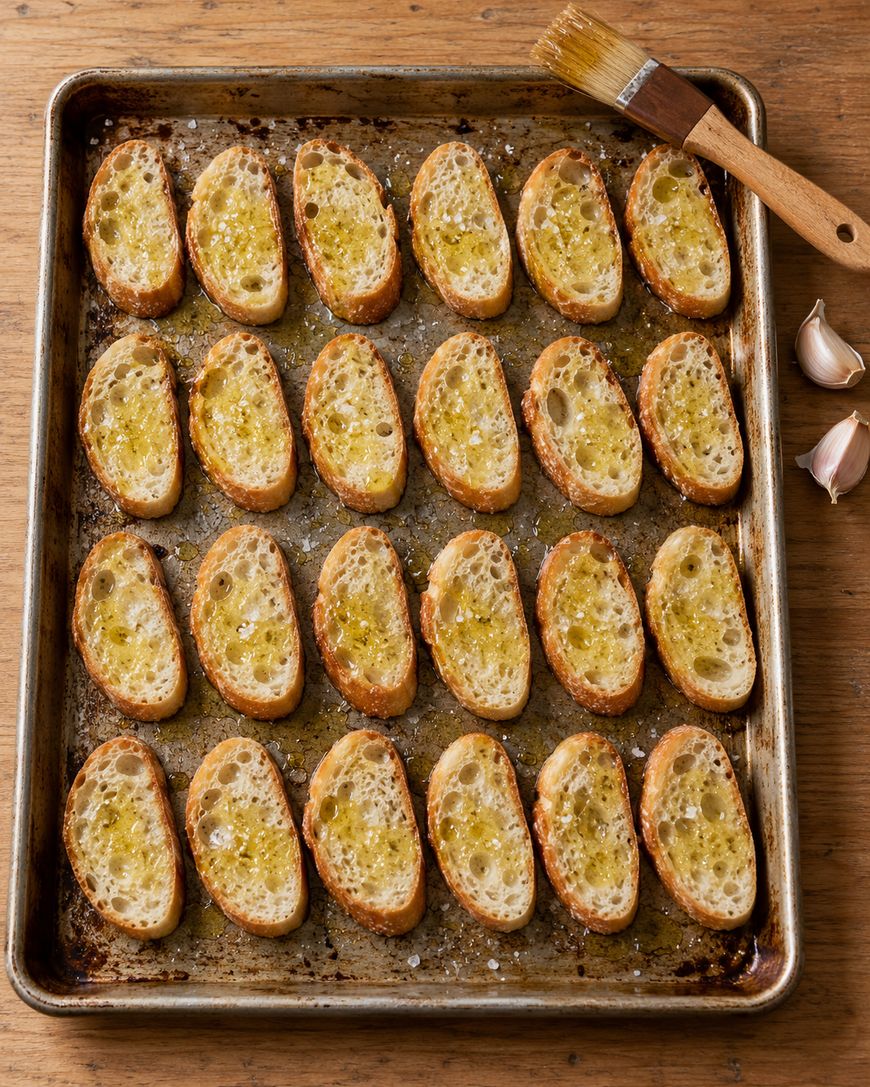 A baking sheet lined with rows of toasted baguette slices brushed with olive oil and sprinkled with sea salt, accompanied by a pastry brush and garlic cloves.
