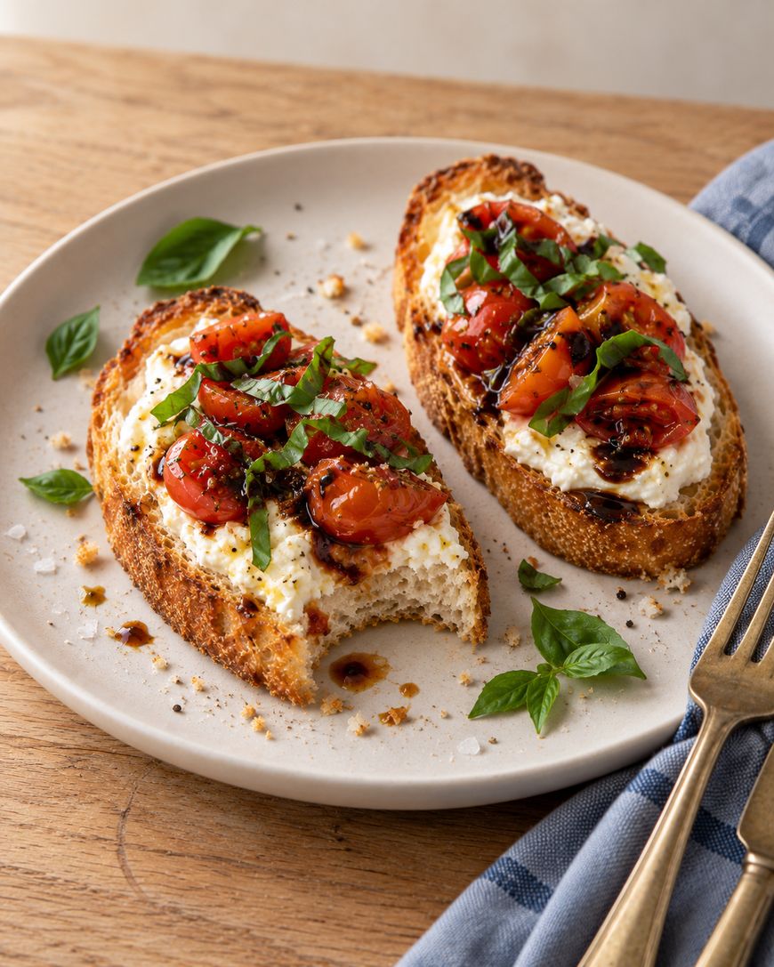Two slices of toasted bread topped with ricotta, roasted cherry tomatoes, and basil on a plate.