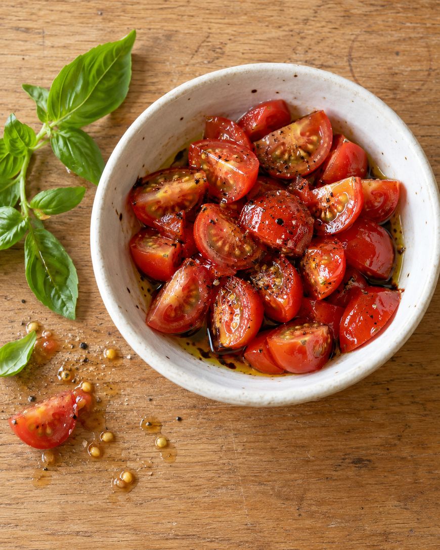 A white bowl of halved cherry tomatoes in oil and seasonings, next to fresh basil leaves on a wooden surface.