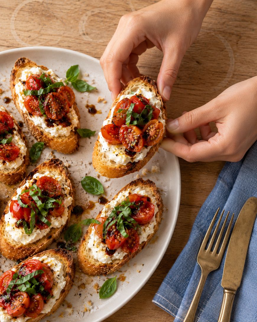 Hands placing a piece of toasted bread topped with ricotta, cherry tomatoes, and a balsamic glaze onto a plate of similar appetizers.