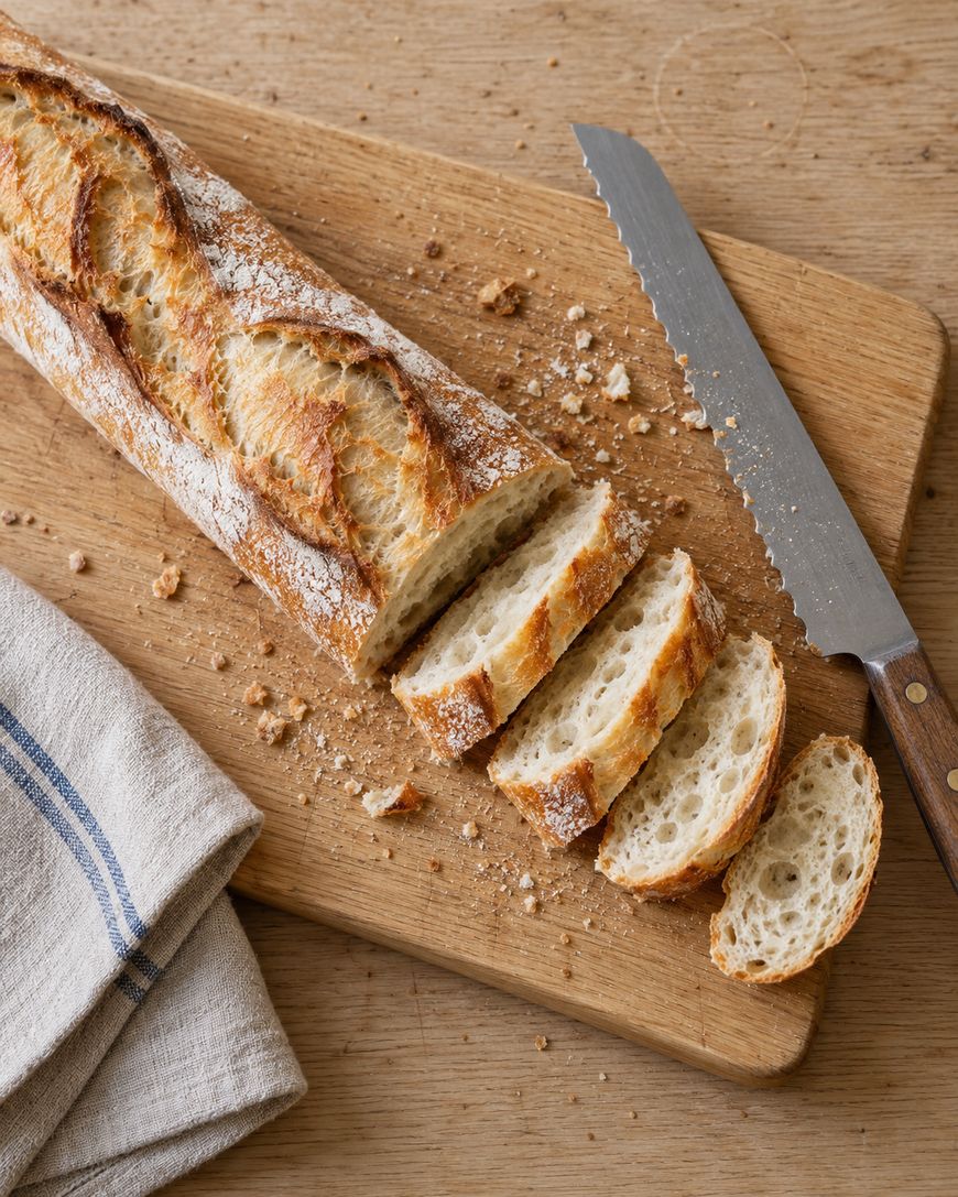 A sliced baguette on a wooden cutting board with a serrated knife.