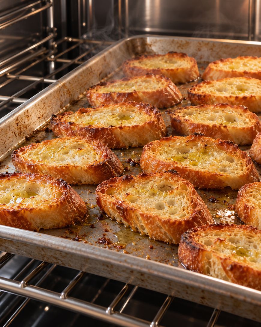 Baking sheet filled with toasted, oil-brushed slices of bread inside an oven.