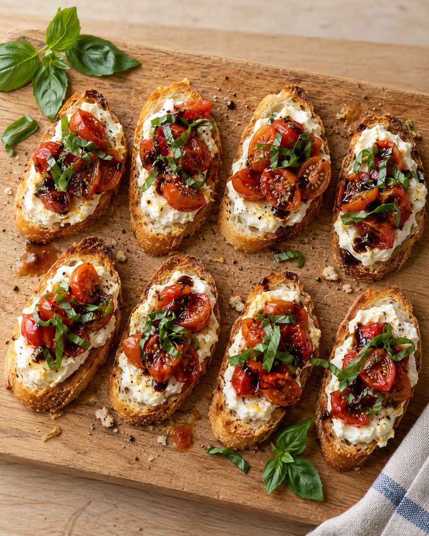 Eight slices of toasted baguette topped with creamy cheese, roasted cherry tomatoes, and fresh basil on a wooden cutting board.