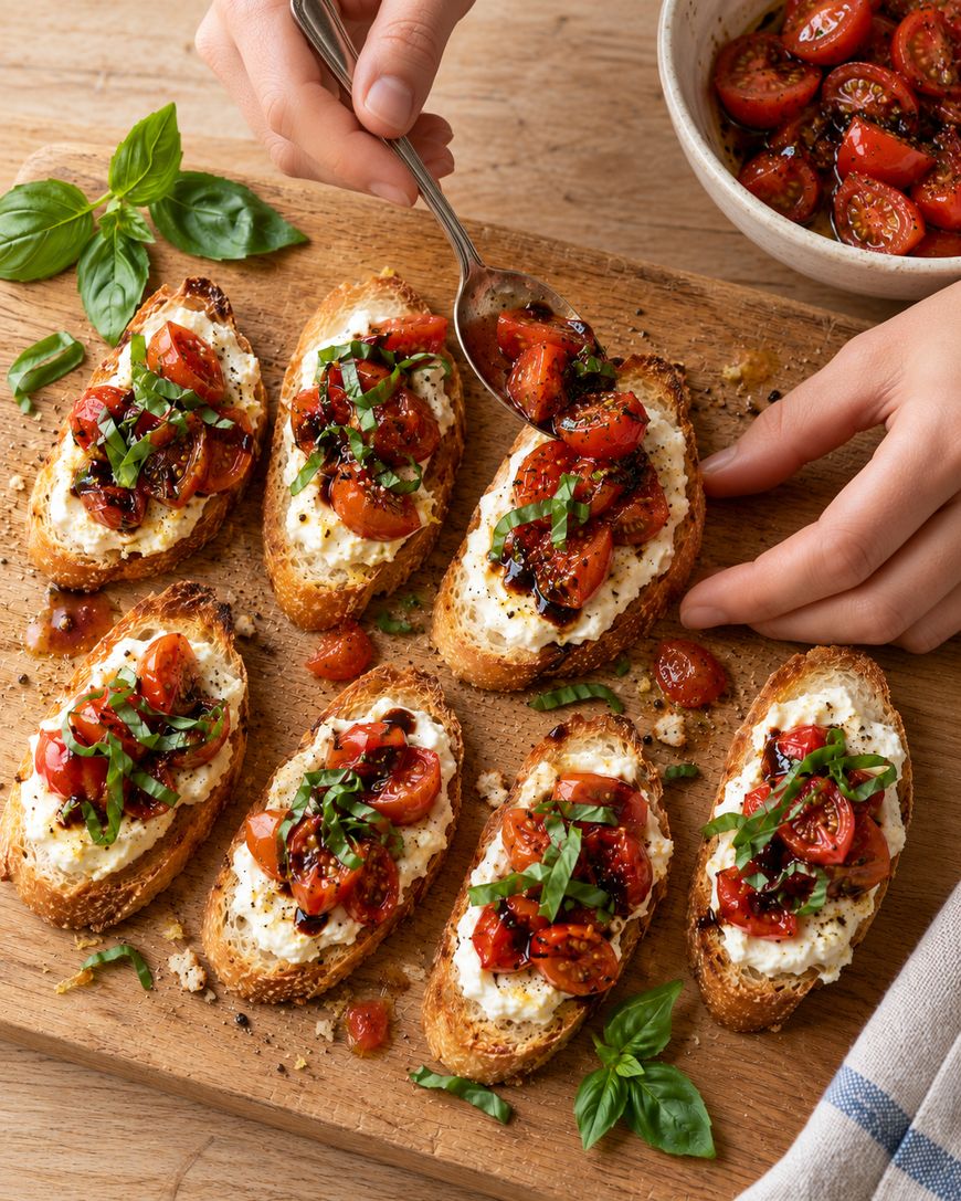 A hand uses a spoon to place balsamic-glazed cherry tomatoes onto a toasted baguette slice topped with ricotta and basil, alongside several other completed crostini on a wooden board.
