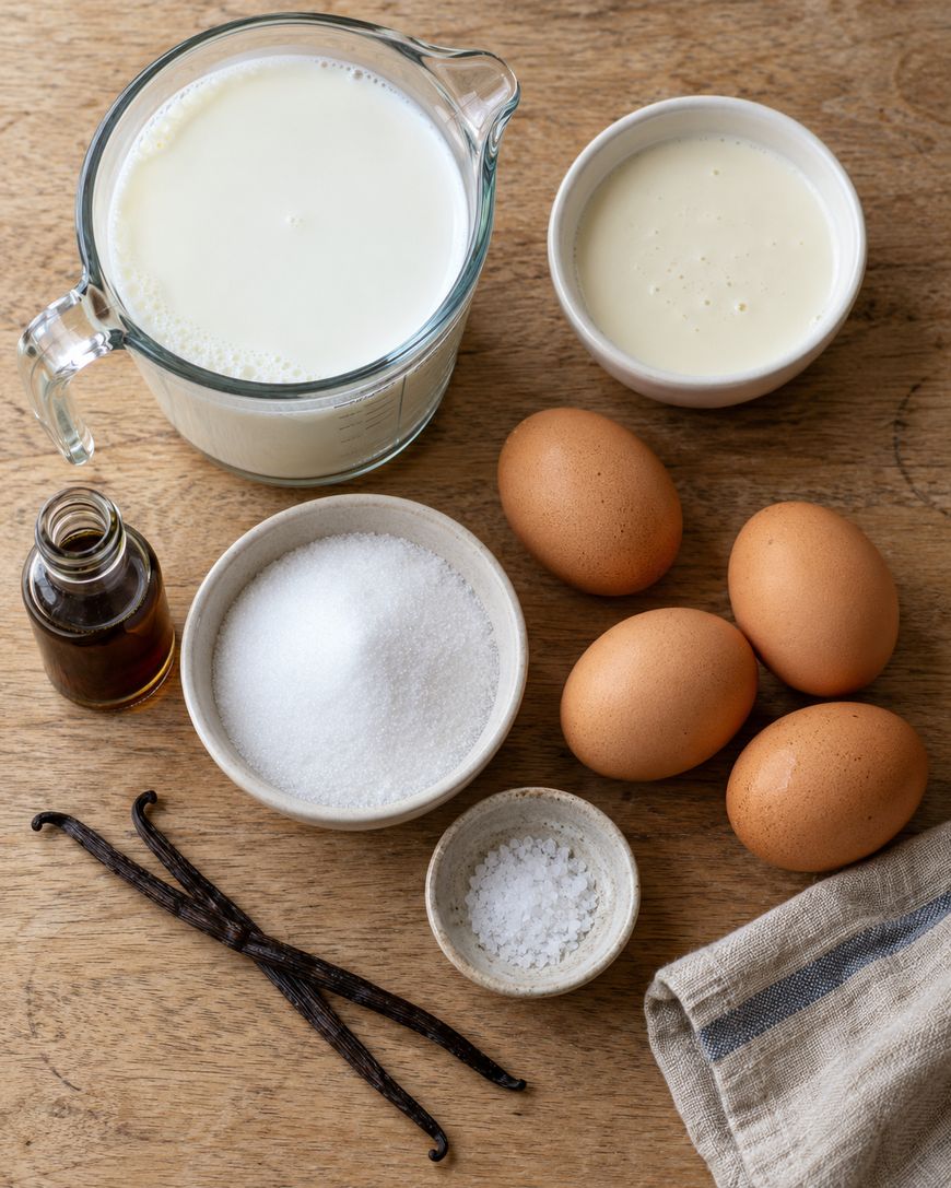 Ingredients for baking arranged on a wooden surface: a glass pitcher of milk, a small bowl of cream, four brown eggs, a bowl of sugar, a small bowl of salt, a bottle of vanilla extract, and two vanilla beans.