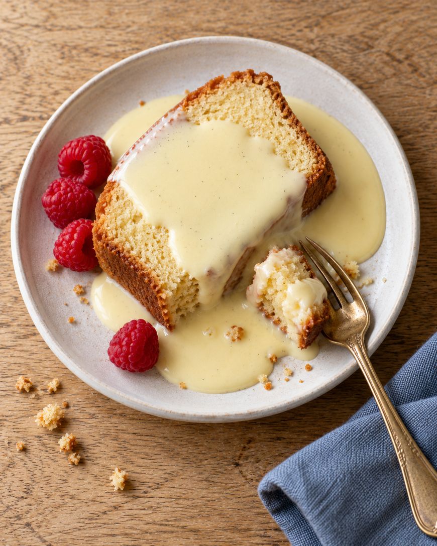 A slice of pound cake drizzled with vanilla custard on a plate with fresh raspberries and a gold fork.