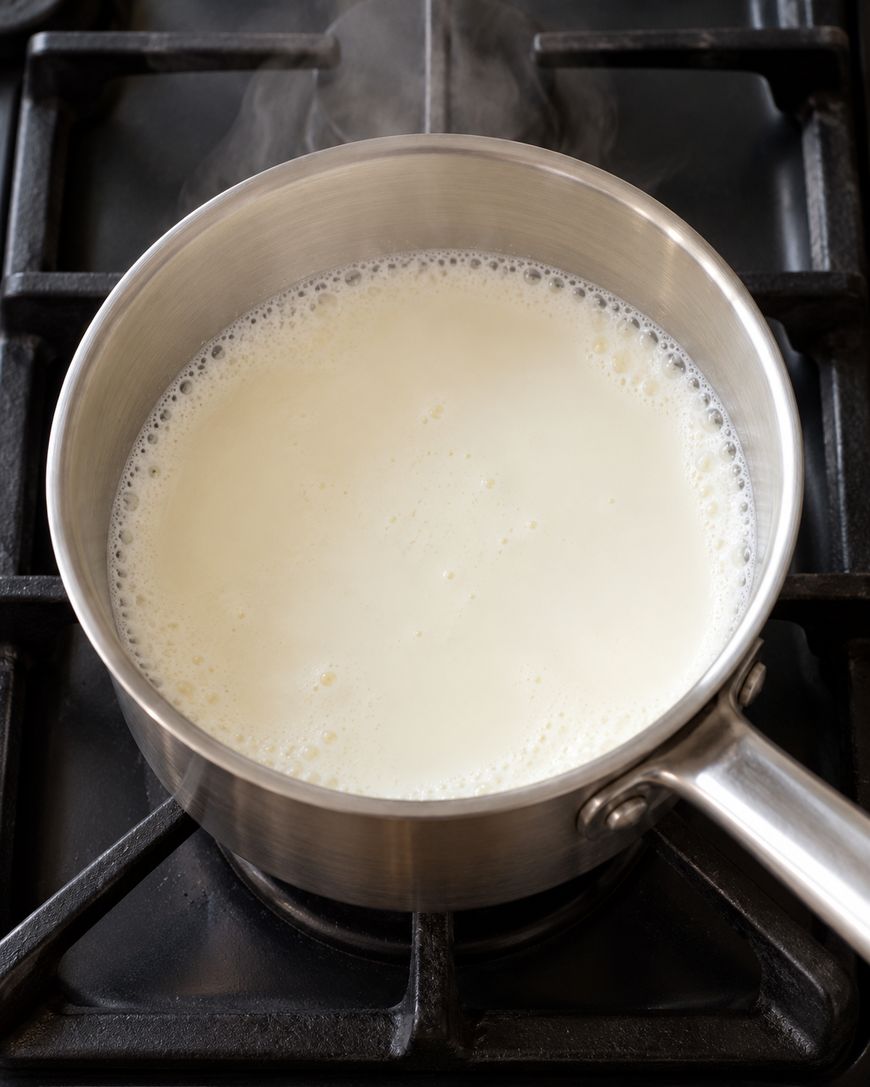 A saucepan of milk heating on a stovetop burner.