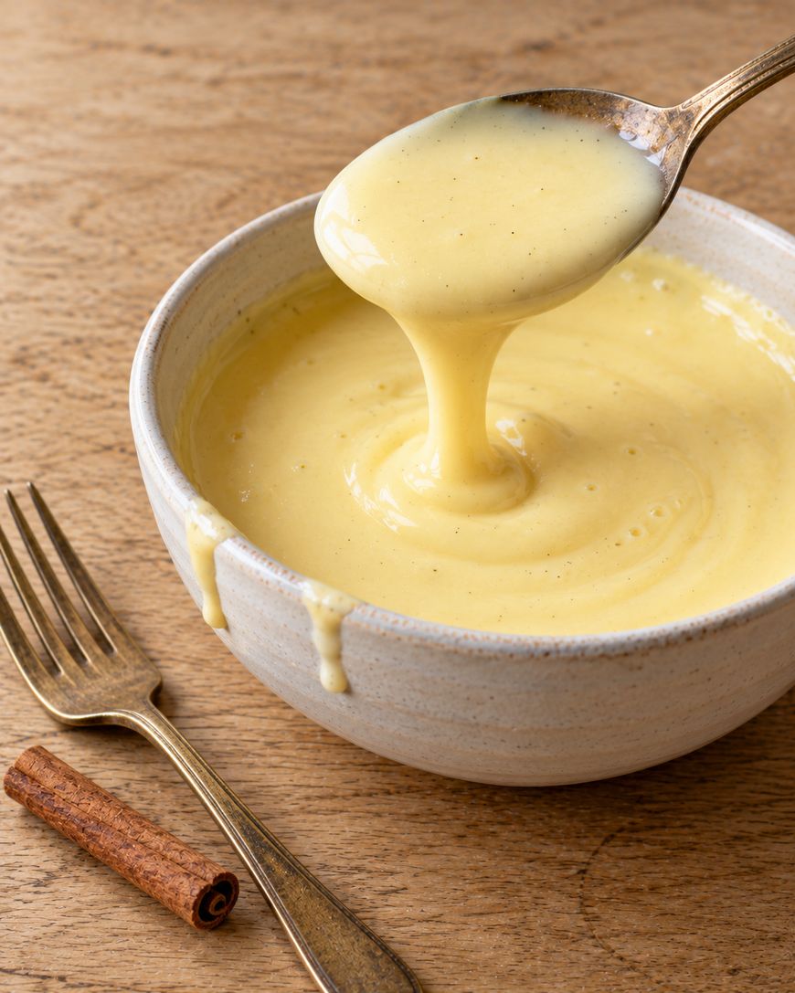 A spoonful of thick, creamy yellow custard being poured into a bowl, with a fork and a cinnamon stick resting on the wooden table nearby.