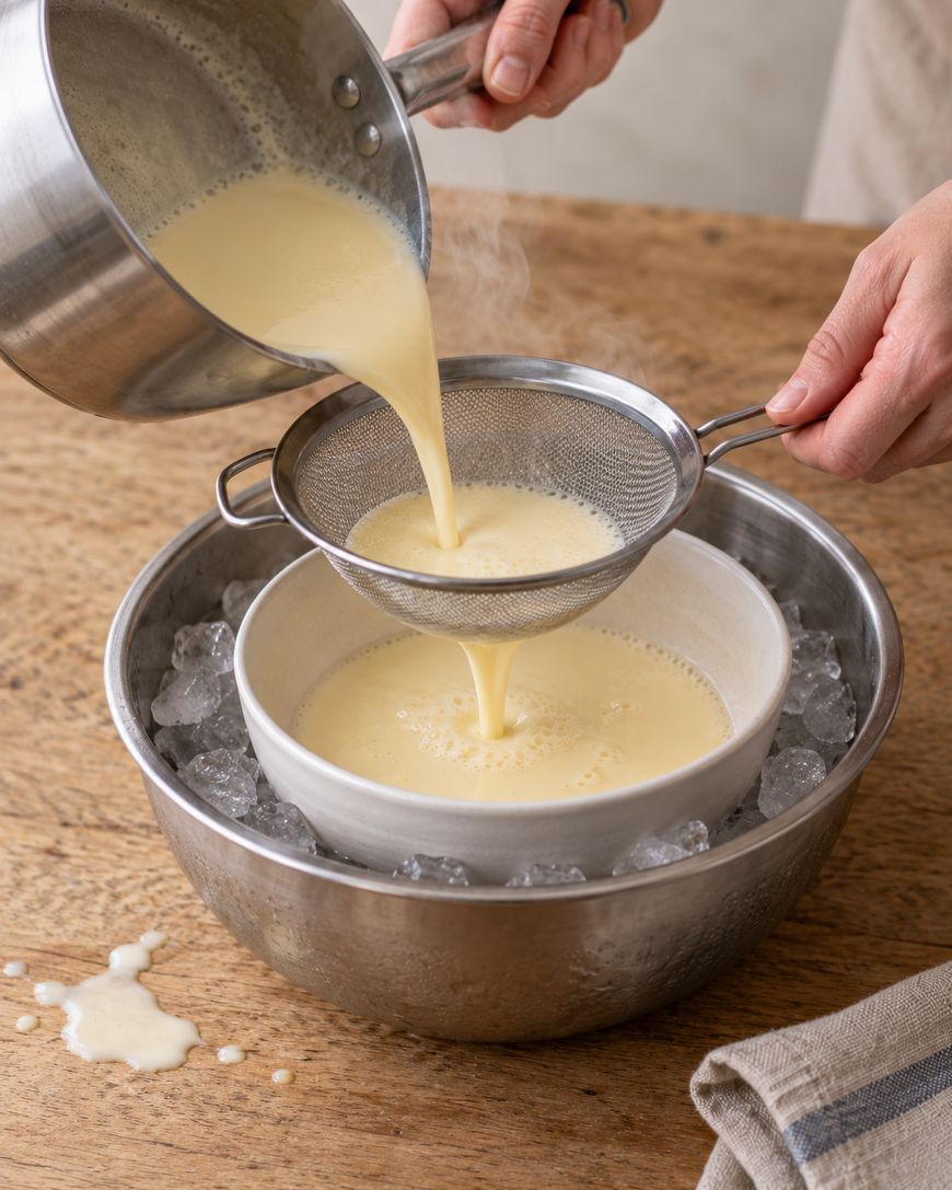 A person pours warm custard through a fine-mesh sieve into a bowl sitting inside a larger bowl of ice.