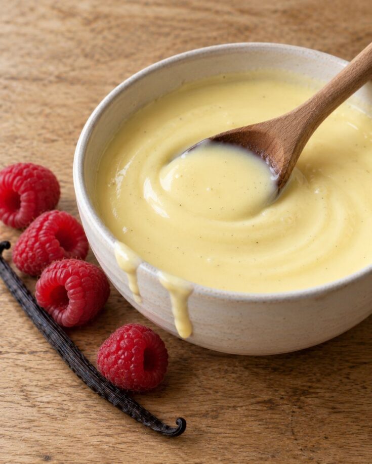 A bowl of vanilla custard with a wooden spoon, surrounded by fresh raspberries and a vanilla bean.