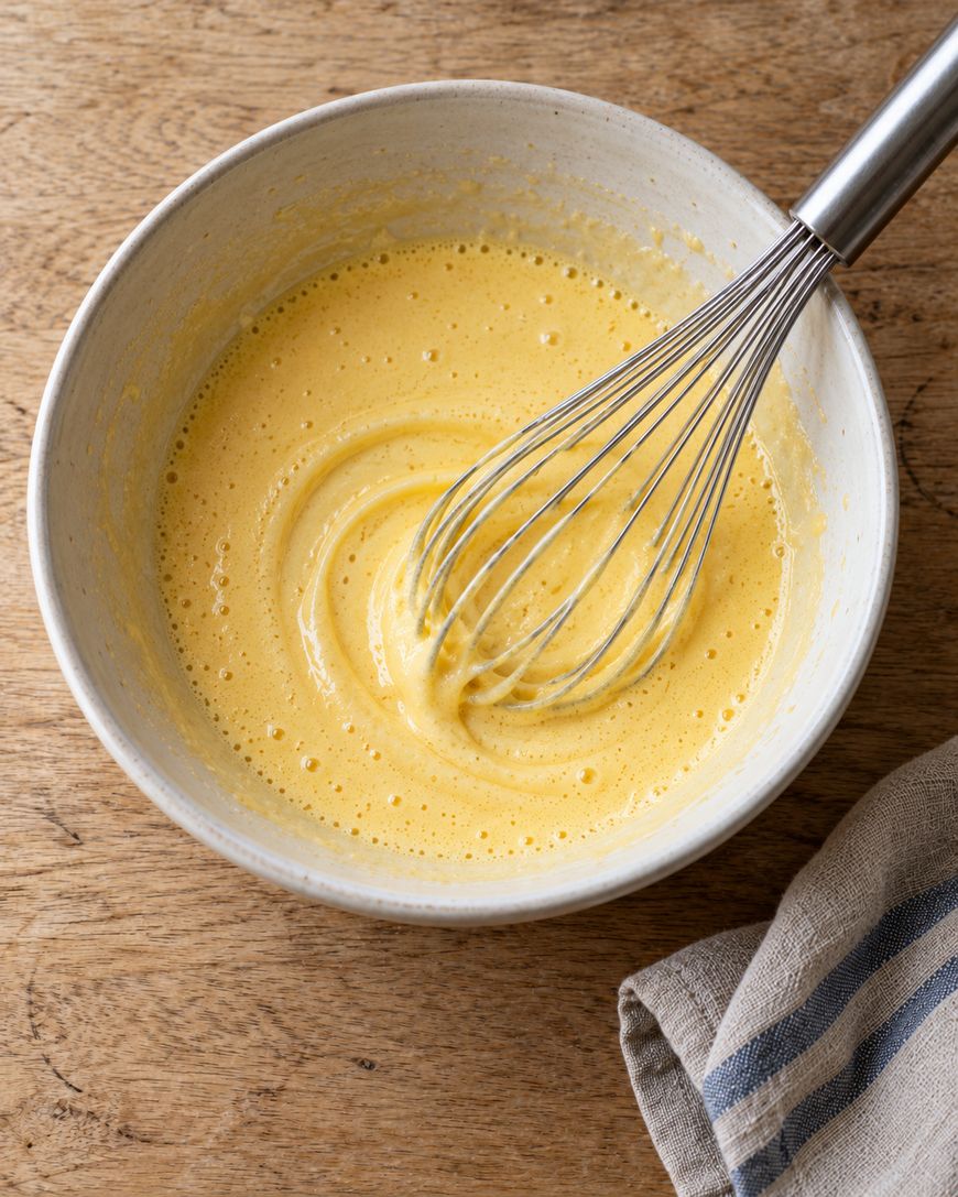 A metal whisk in a bowl of beaten yellow egg yolks.
