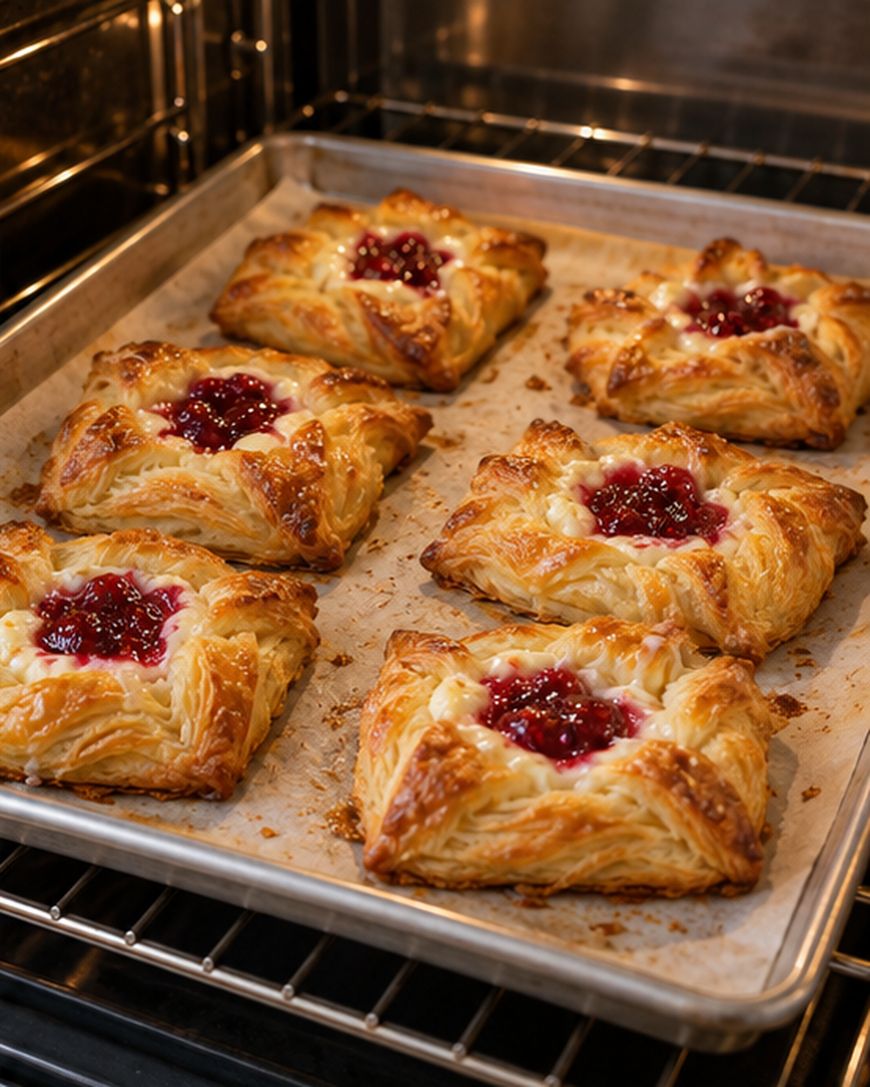 Six square fruit danish pastries with cream cheese centers and berry jam topping, arranged on a parchment-lined baking sheet inside an oven.