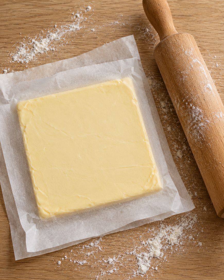 A square block of butter on parchment paper next to a wooden rolling pin on a floured surface.