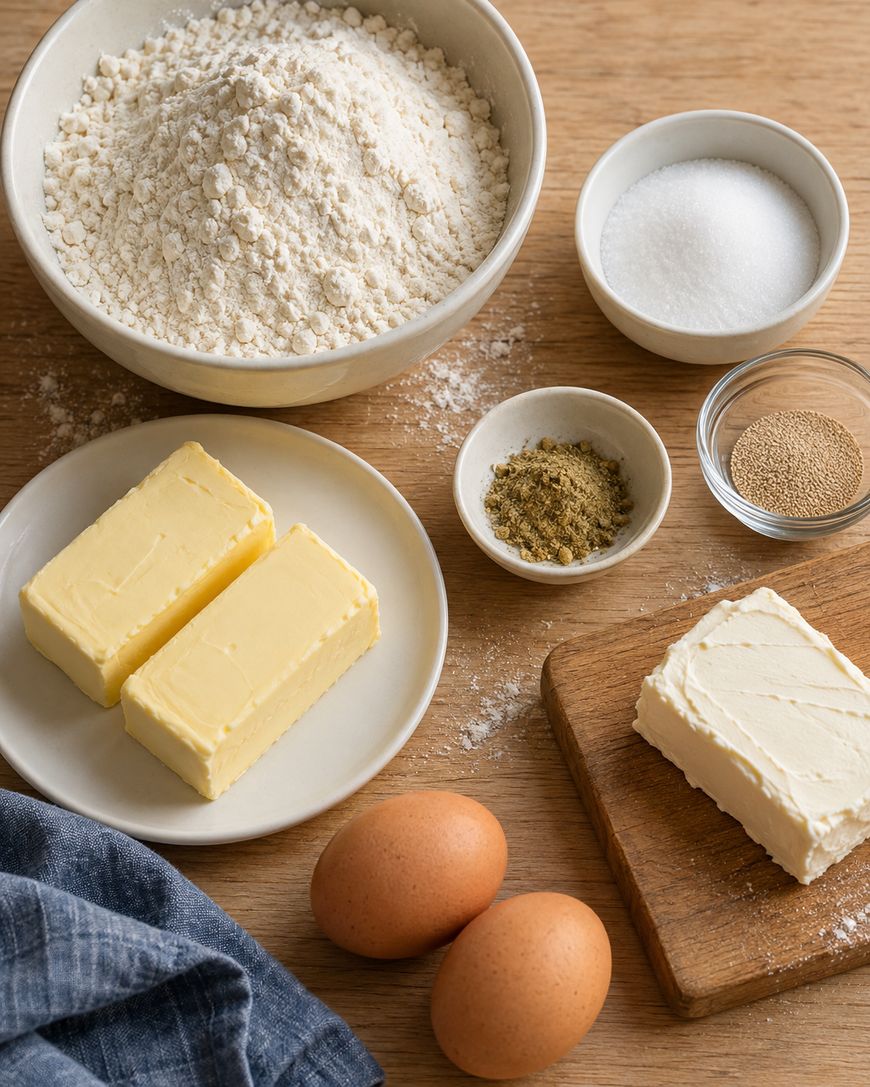 Ingredients for baking arranged on a wooden surface, including a large bowl of flour, two sticks of butter, sugar, yeast, spices, and two eggs.