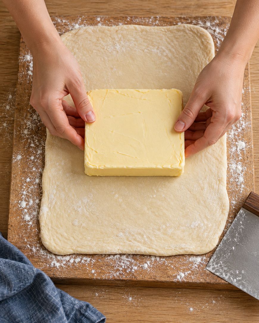 Hands placing a large square block of butter onto a rectangle of rolled-out dough on a floured wooden board.