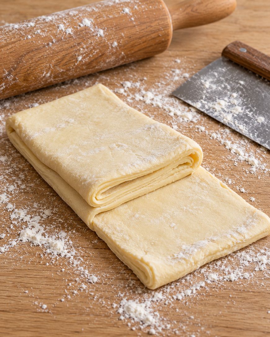 Folded puff pastry dough on a floured wooden board with a rolling pin and a dough scraper.