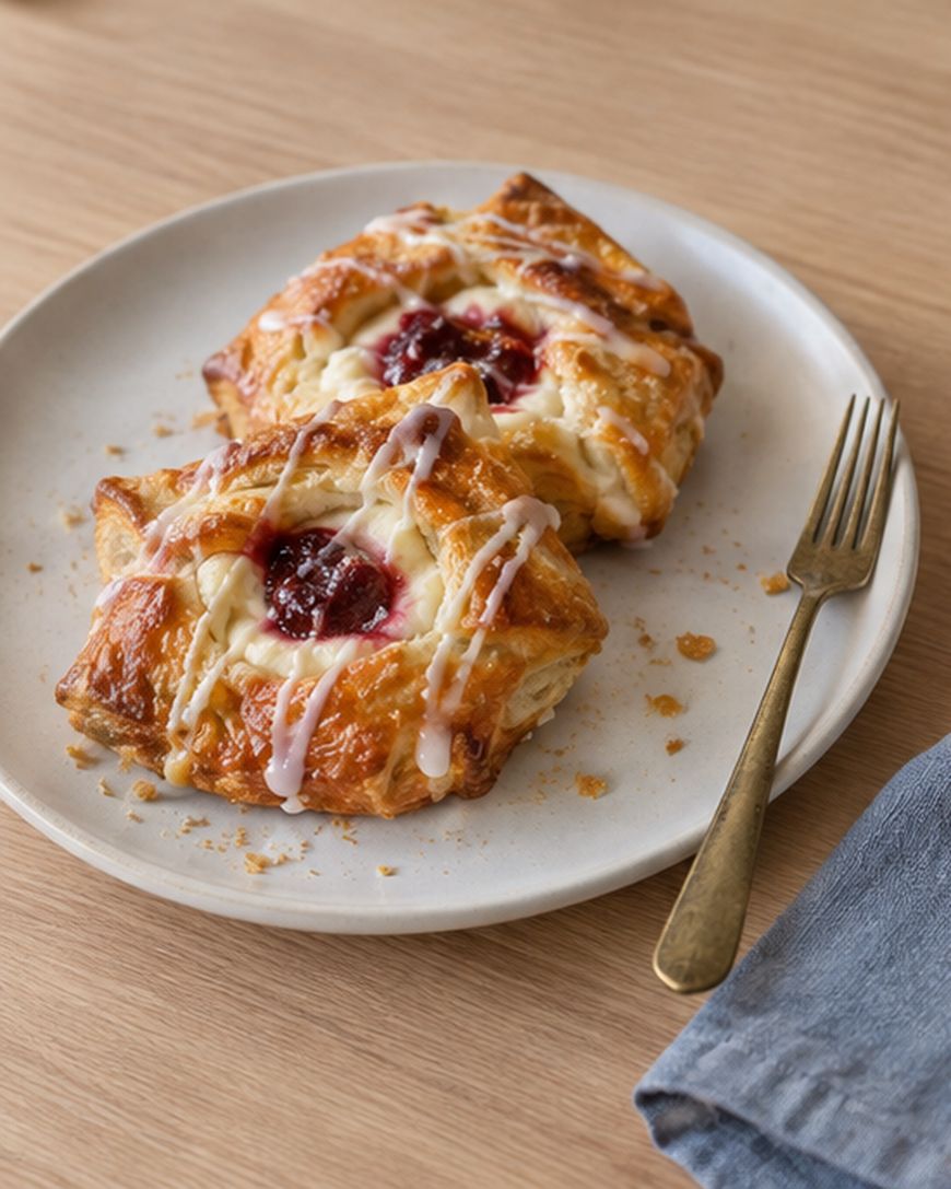 Two square danish pastries with a cream cheese and berry filling, topped with icing, on a ceramic plate with a fork.