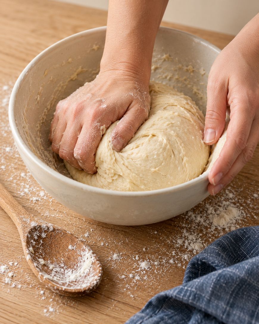 Hands kneading dough in a ceramic bowl on a wooden surface with a flour-dusted spoon nearby.