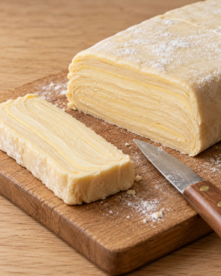 A log of raw, laminated puff pastry on a wooden cutting board with one slice cut off and a paring knife nearby.