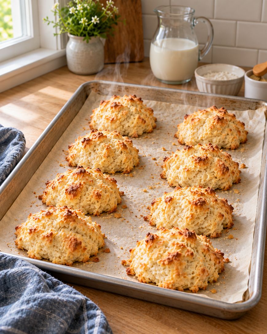 A baking sheet with nine golden brown drop biscuits sits on parchment paper. Nearby are a jar of milk, a bowl of flour, and a small potted plant on a wooden kitchen counter by a sunny window.