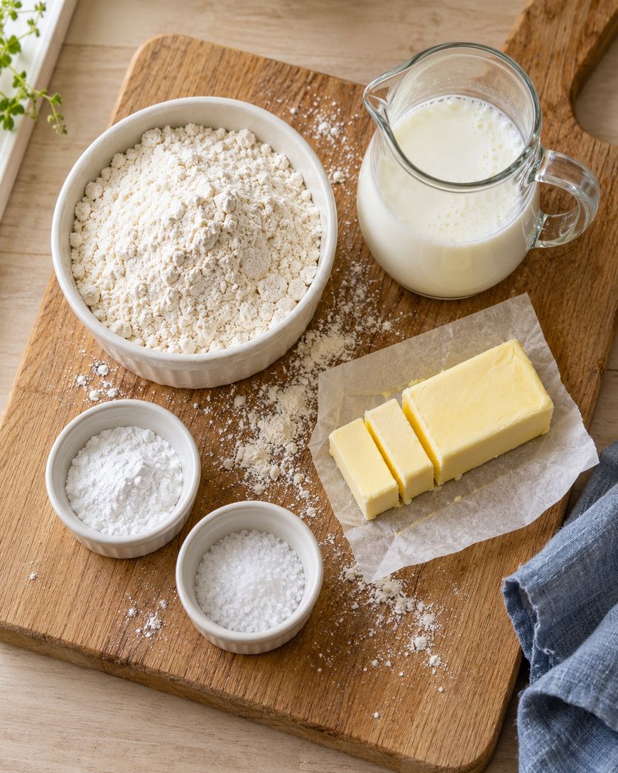 A bowl of flour, a jug of milk, sliced butter on parchment, and two small bowls of sugar and salt are arranged on a wooden cutting board, next to a blue cloth.