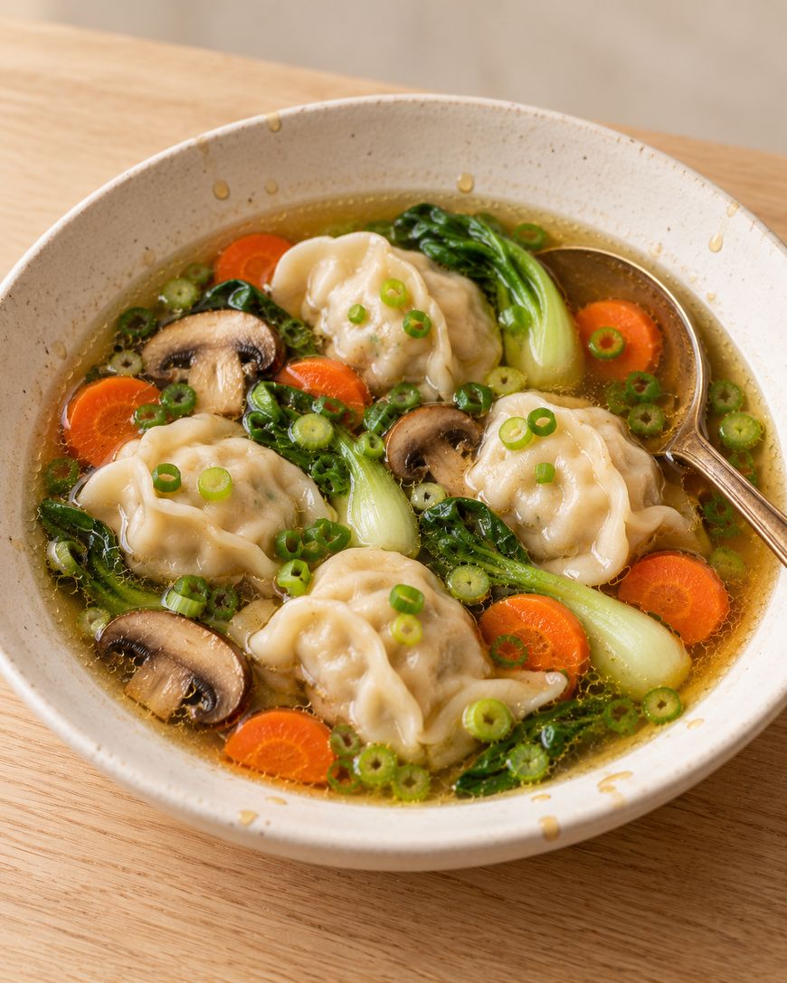A bowl of dumpling soup with sliced carrots, mushrooms, bok choy, and green onions, served with a metal spoon.