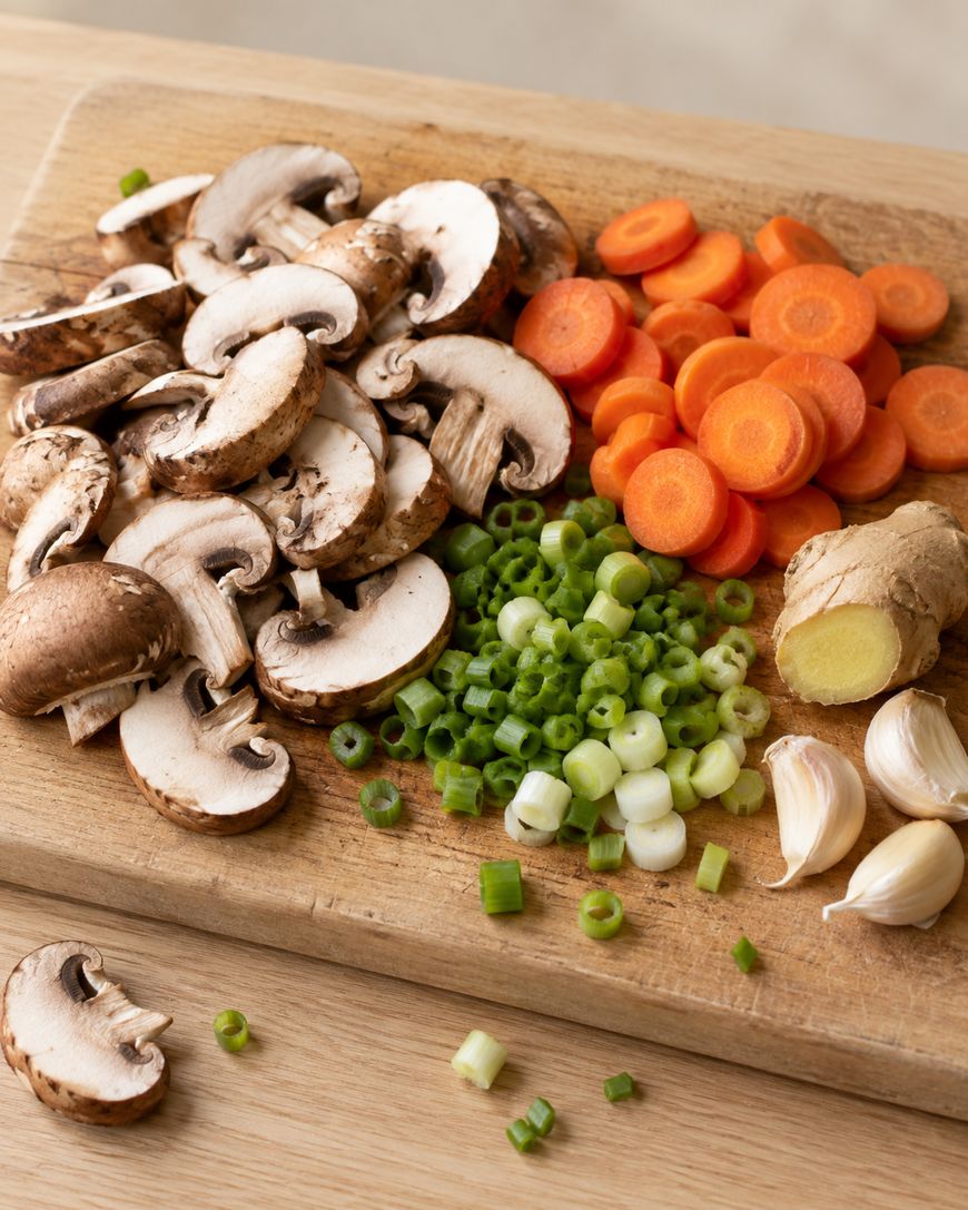 A wooden cutting board topped with sliced mushrooms, carrot rounds, chopped green onions, a piece of ginger, and garlic cloves.