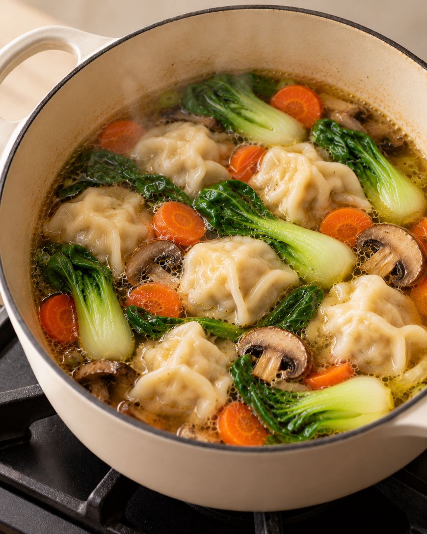 A pot of dumpling soup with bok choy, sliced carrots, and mushrooms simmering on a stovetop.