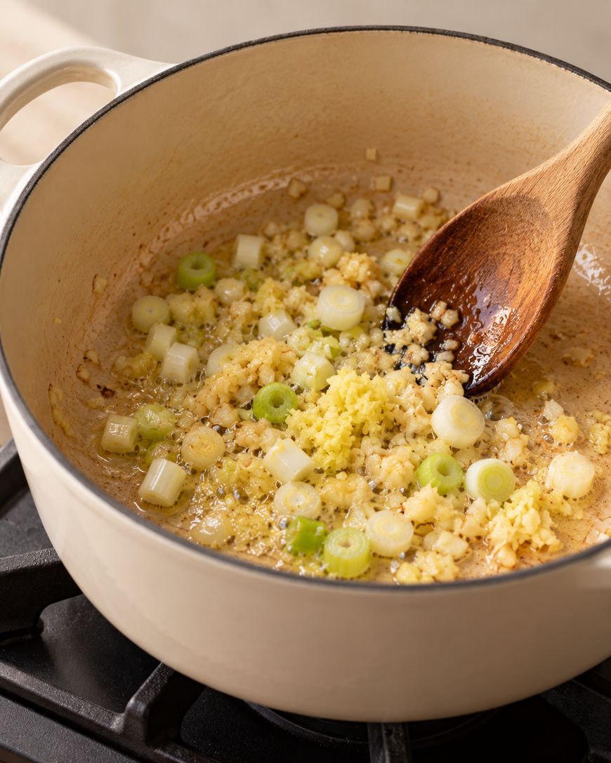 A wooden spoon stirs minced ginger, garlic, and chopped scallions sautéing in a pot.
