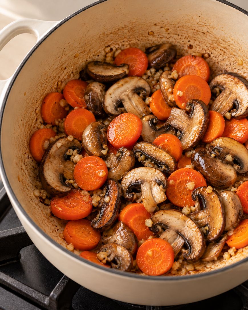Sliced carrots and sautéed mushrooms cooking in a light-colored Dutch oven.
