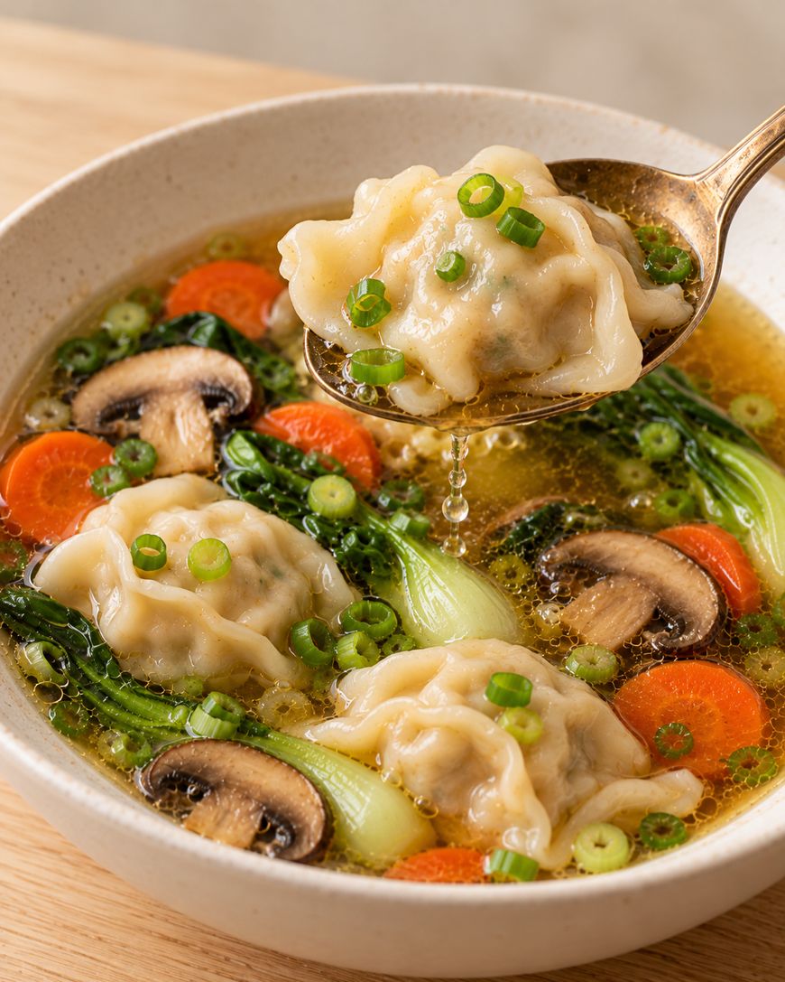 A spoonful of dumpling held over a bowl of soup containing dumplings, bok choy, sliced carrots, mushrooms, and green onions.