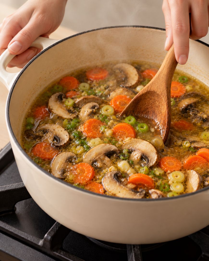 A person stirs vegetable and mushroom soup in a large Dutch oven with a wooden spoon.