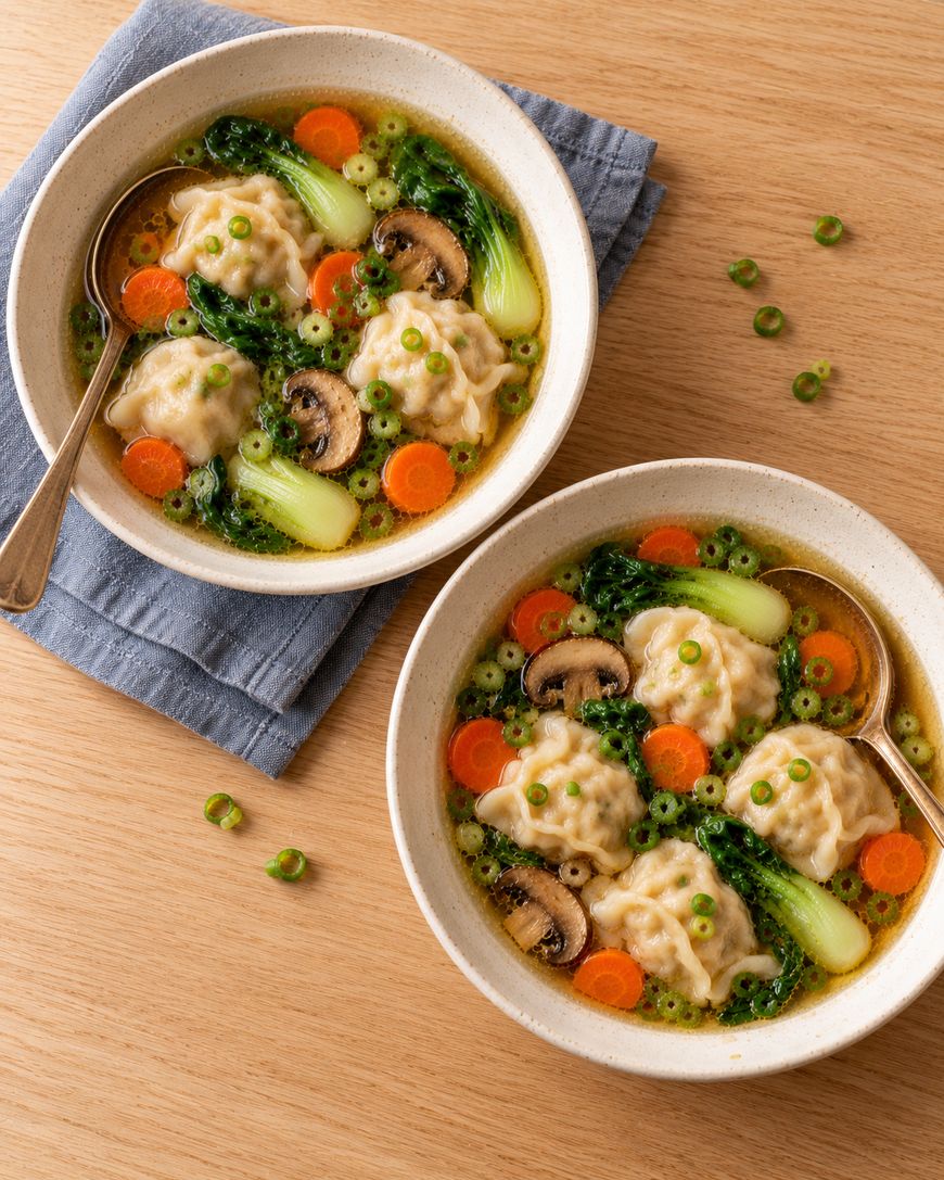 Two bowls of dumpling soup with bok choy, sliced carrots, and mushrooms, each served with a spoon.