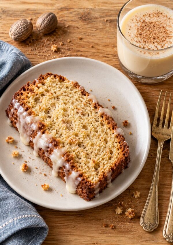 A slice of glazed loaf cake on a plate next to a glass of eggnog topped with nutmeg.