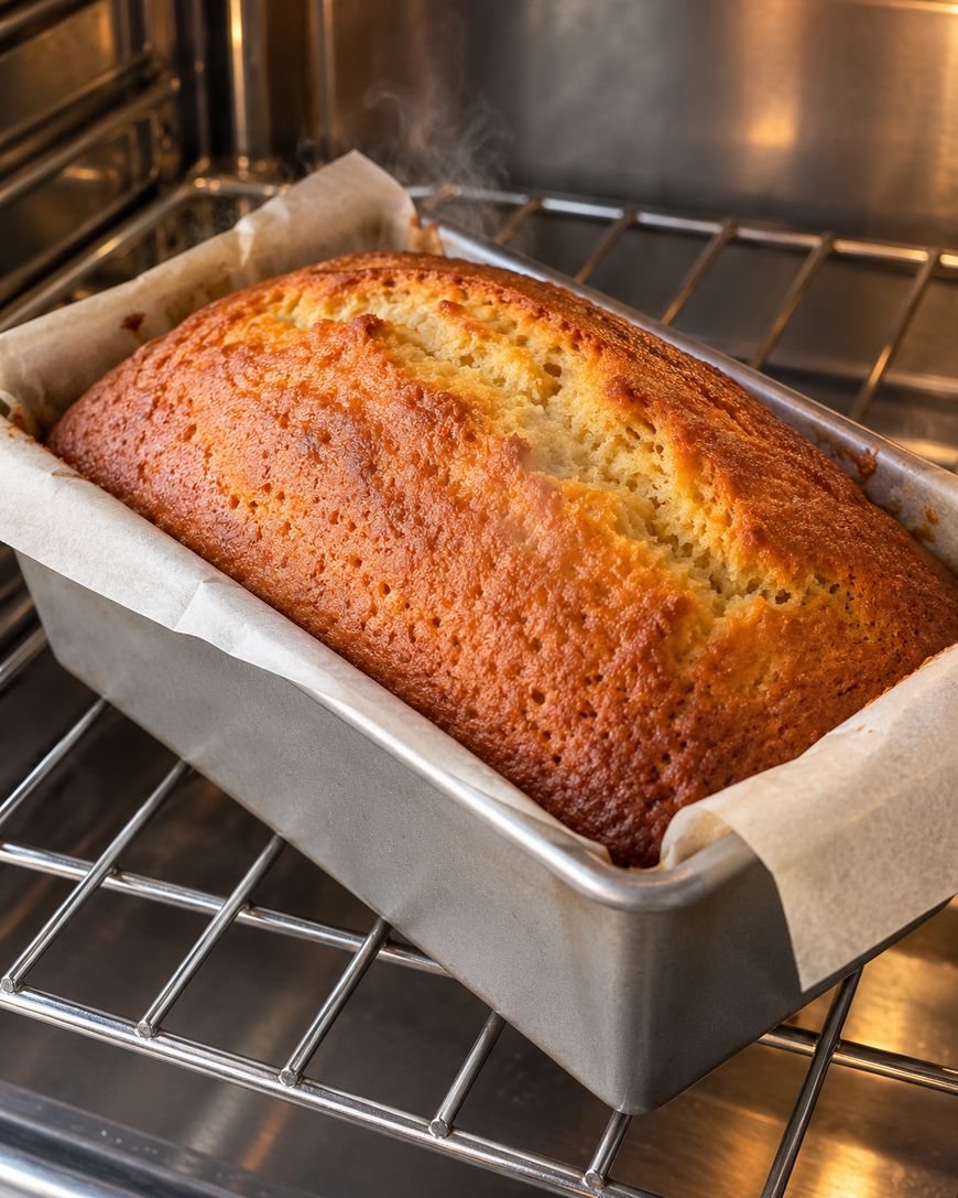 A golden-brown loaf of bread baking in a metal pan inside an oven.