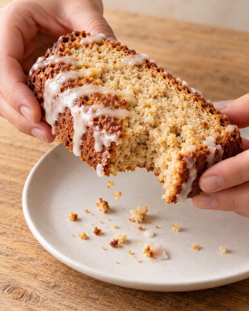 Two hands hold a slice of glazed banana bread with a bite taken out of it above a small plate.