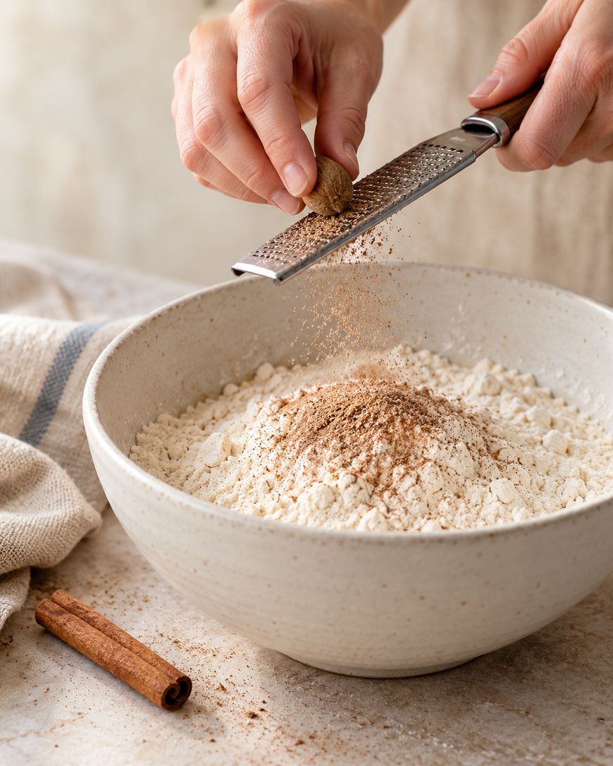 Hands grating a whole nutmeg into a bowl of flour with a cinnamon stick nearby.