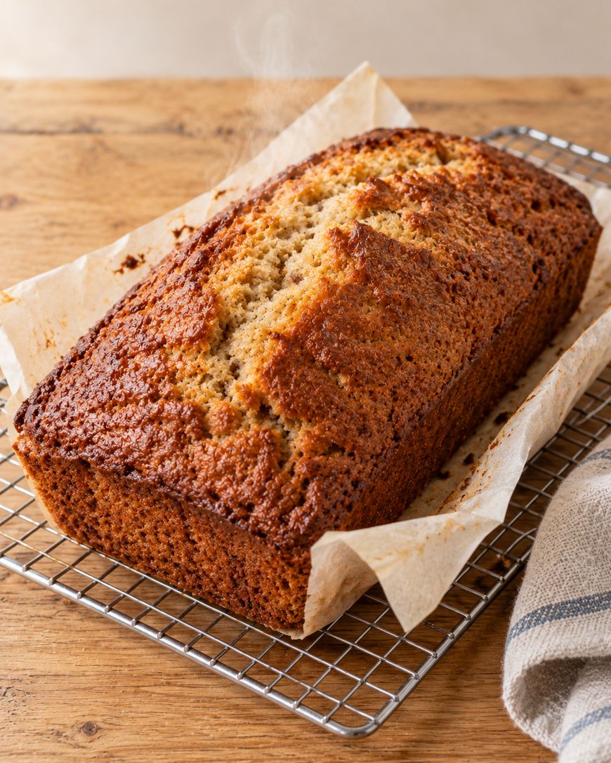 A steaming loaf of banana bread resting on a cooling rack lined with parchment paper.
