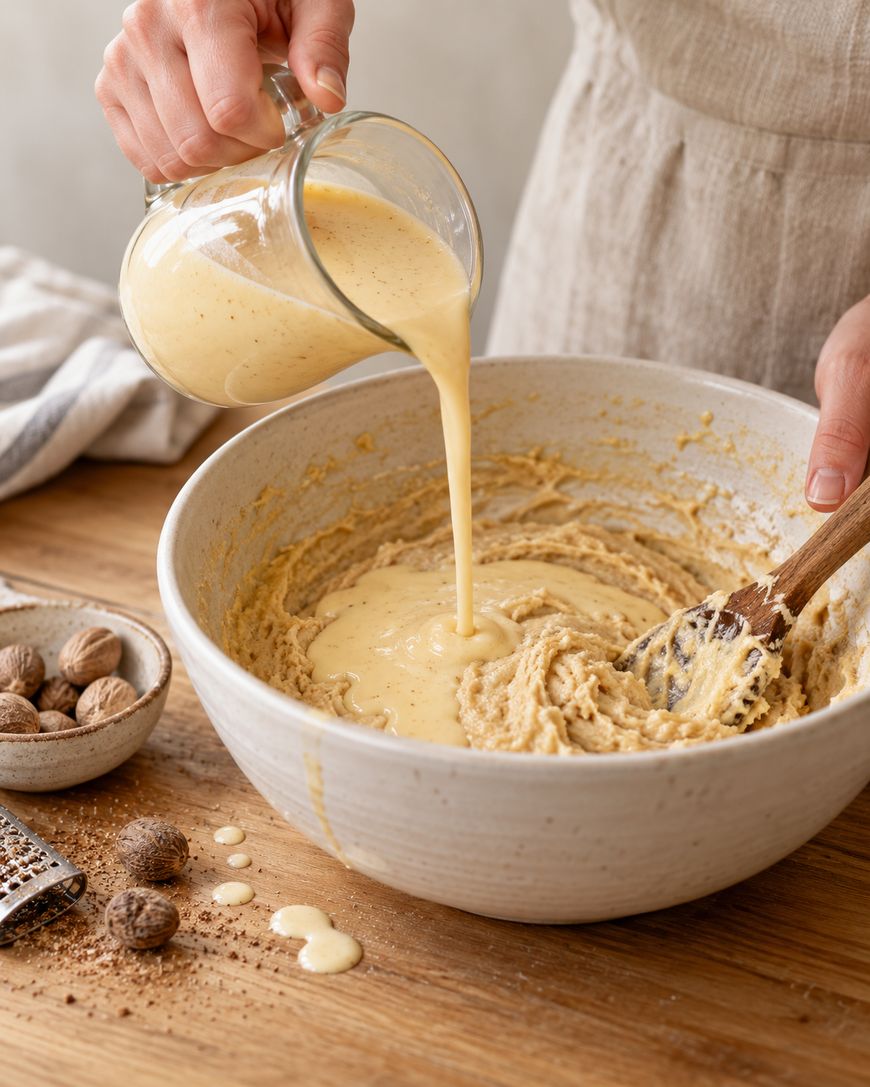 A person pours a pale yellow liquid from a glass pitcher into a mixing bowl containing cookie dough, with whole nutmegs and a grater on the wooden table nearby.