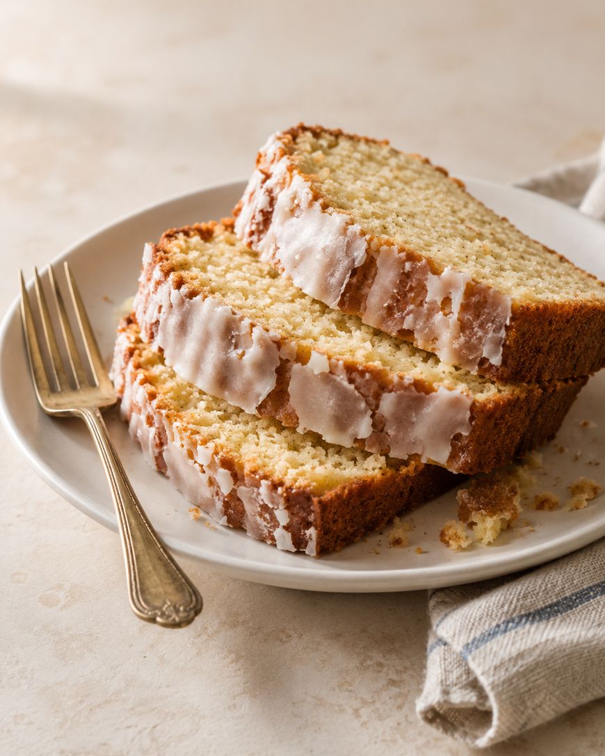 Three slices of glazed loaf cake on a plate with a fork.