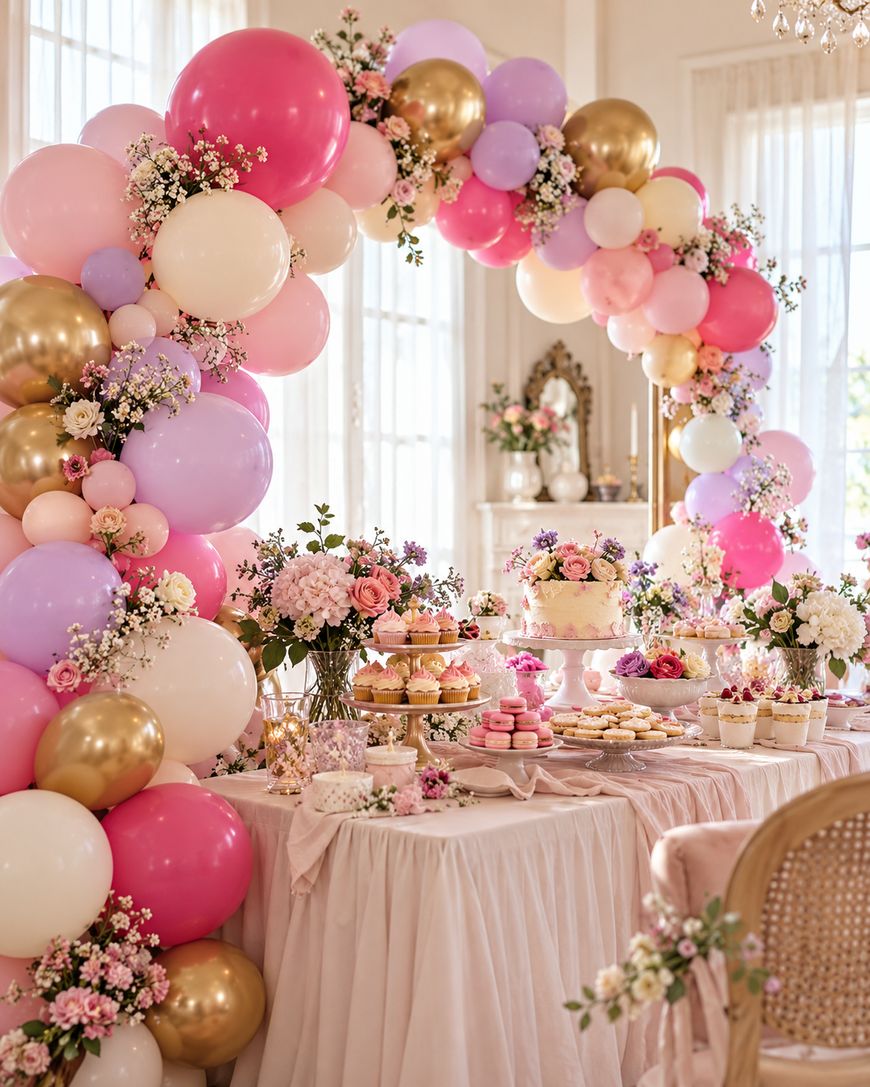 A dessert table set for a party, decorated with an arch of pink, purple, and gold balloons and floral arrangements surrounding cakes, cupcakes, and macarons.