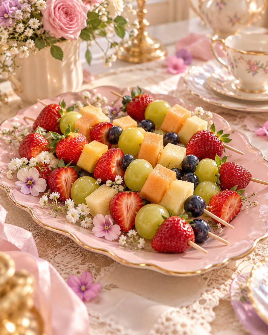 Skewers of strawberries, grapes, melon cubes, and blueberries arranged on a pink platter.