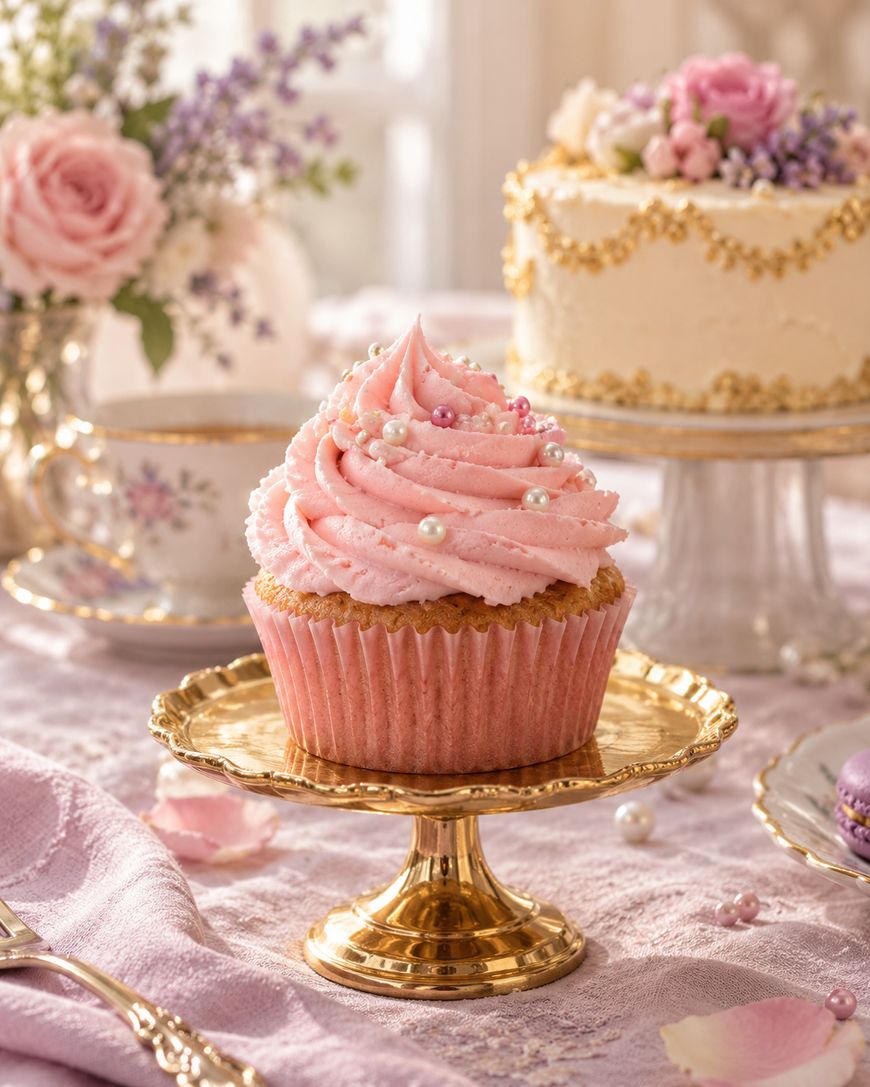A pink-frosted cupcake topped with edible pearls, set on a gold pedestal stand on a lace-covered table.