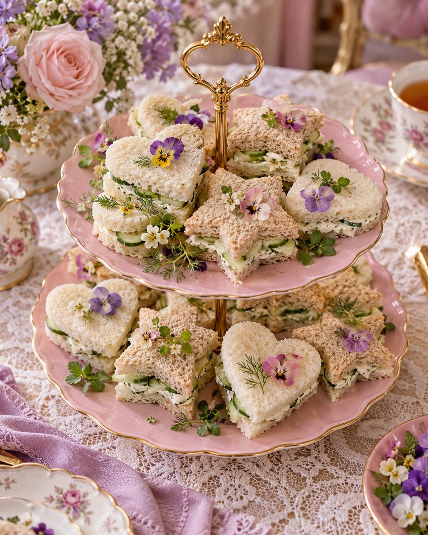A two-tiered pink serving stand filled with heart- and star-shaped cucumber sandwiches garnished with small edible flowers.