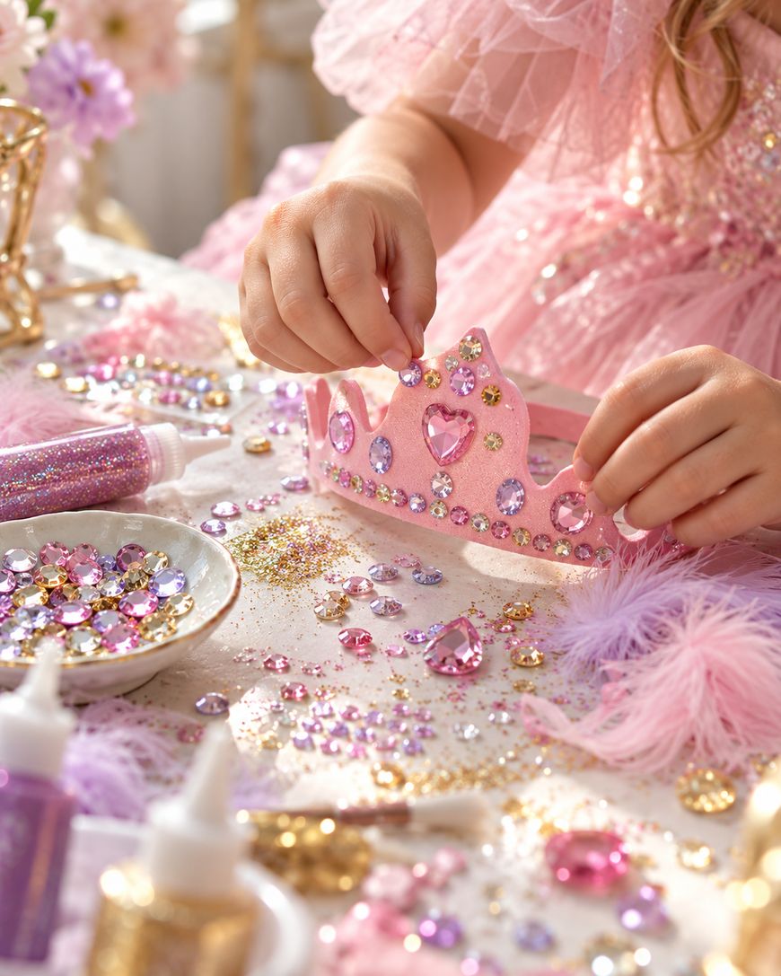A child in a pink dress decorating a pink toy crown with adhesive craft jewels.