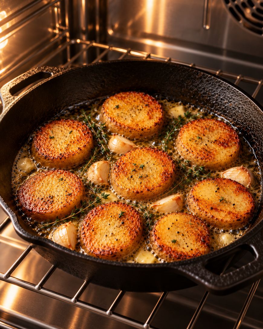 Cast iron skillet containing seared potato rounds, garlic cloves, and fresh herbs roasting in an oven.