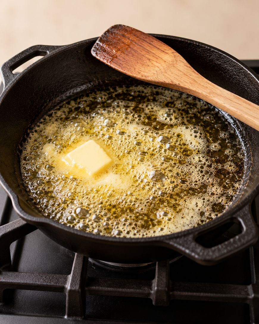 A cube of butter melting in a hot cast-iron skillet with a wooden spatula resting on the edge.